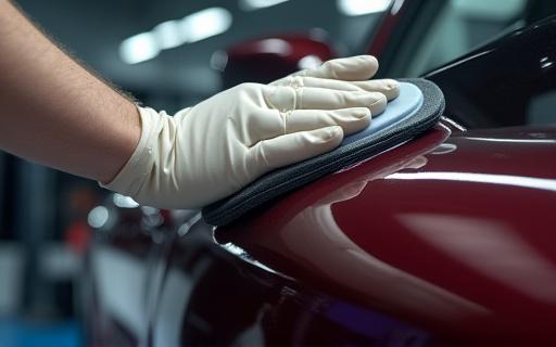 Mano guantata di un tecnico che applica un rivestimento ceramico sulla carrozzeria